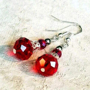 Boutique Victorian Red Crystal Silver Filigree Basket Earrings